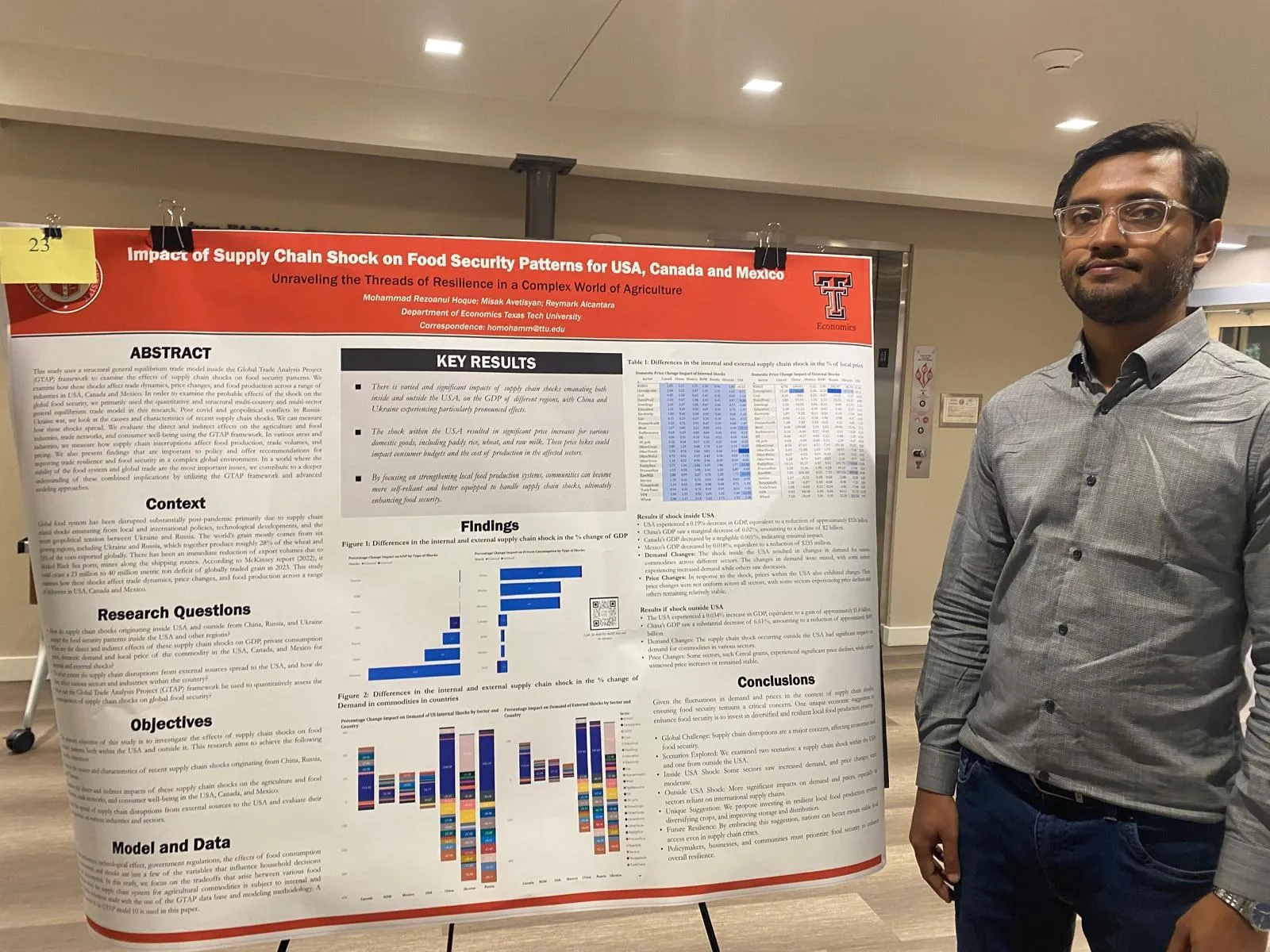 M. R. Hoque standing beside a research poster on supply chain shocks and food security