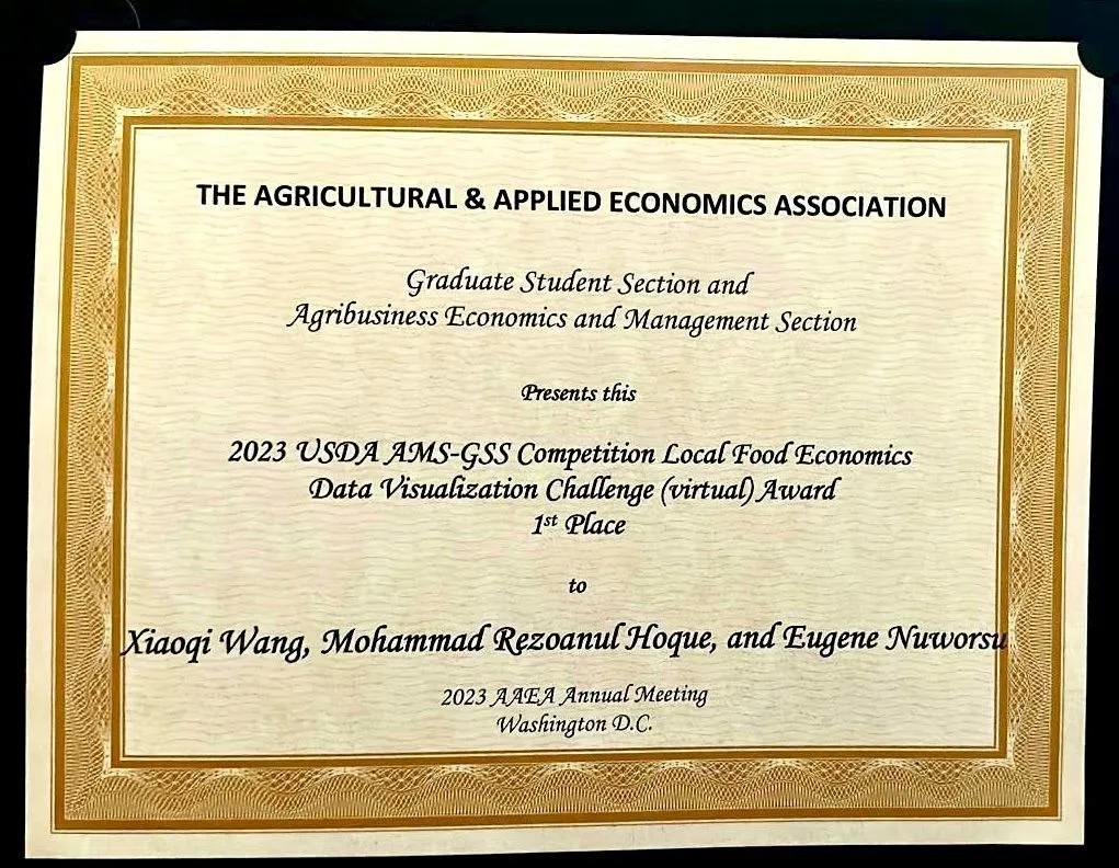 AAEA award certificate for 1st place in the 2023 USDA data visualization challenge